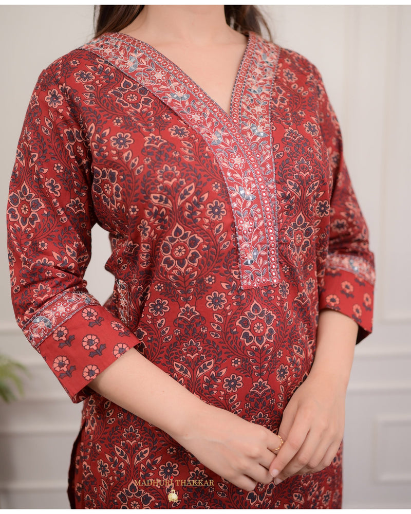 Maroon Printed Cotton Afghani Suit