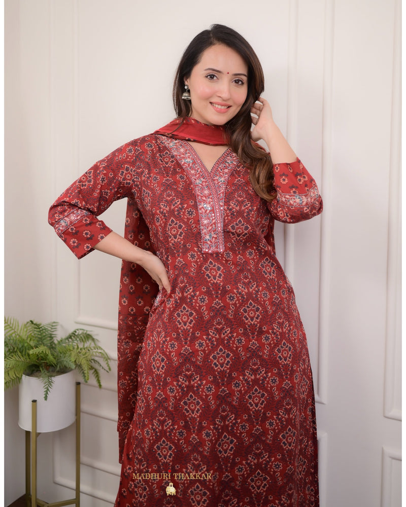 Maroon Printed Cotton Afghani Suit