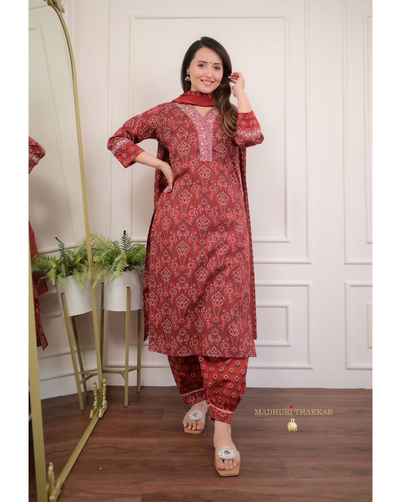 Maroon Printed Cotton Afghani Suit