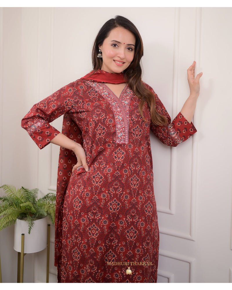 Maroon Printed Cotton Afghani Suit