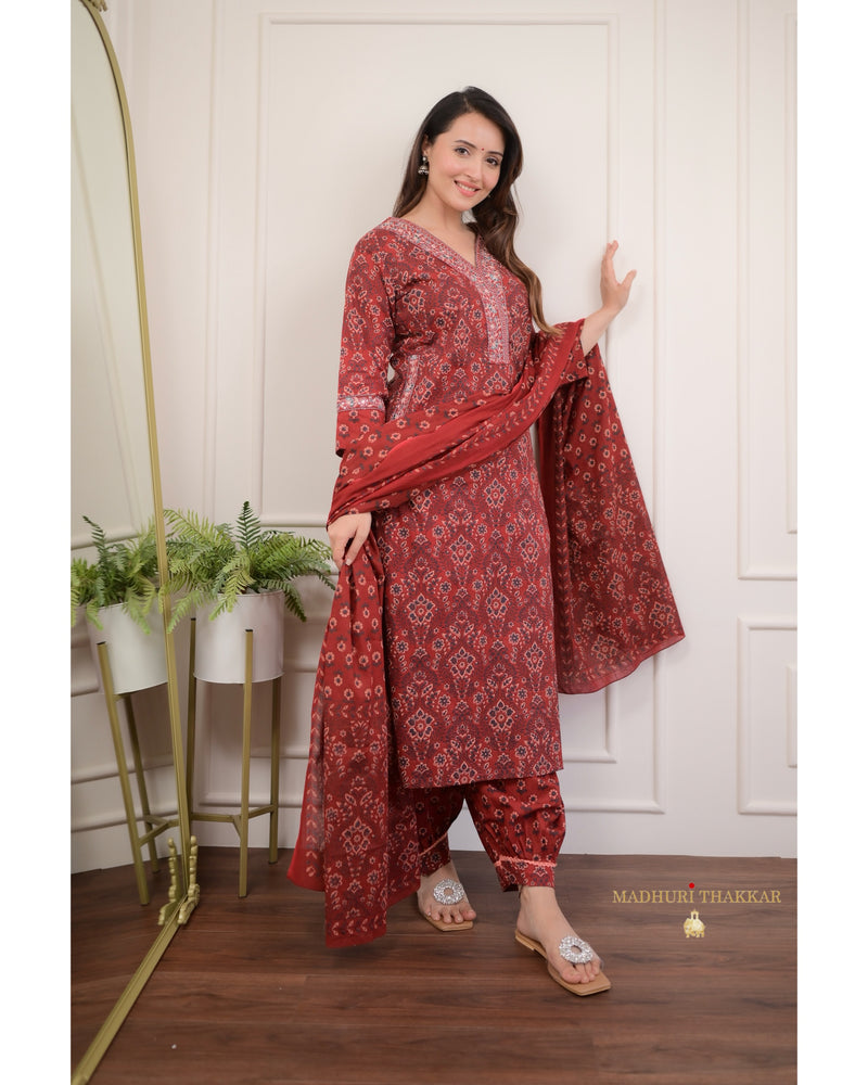 Maroon Printed Cotton Afghani Suit