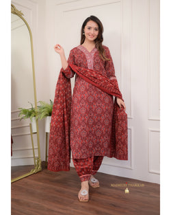 Maroon Printed Cotton Afghani Suit