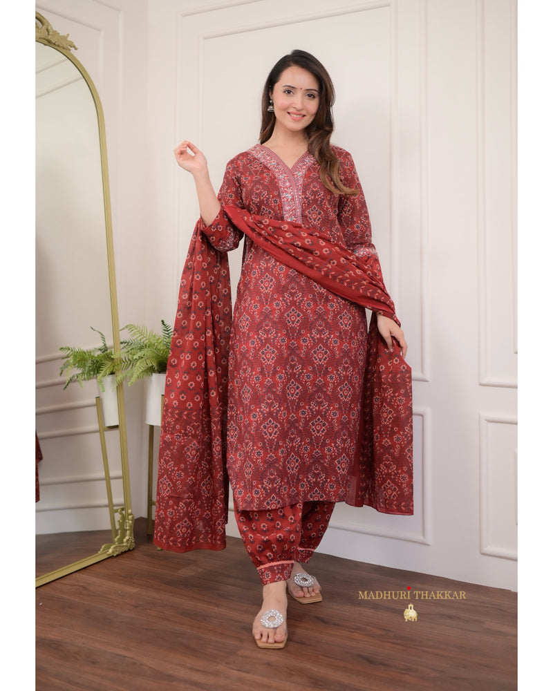 Maroon Printed Cotton Afghani Suit