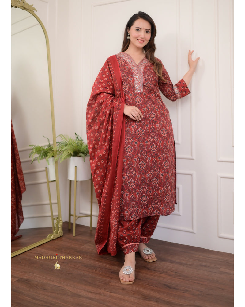 Maroon Printed Cotton Afghani Suit