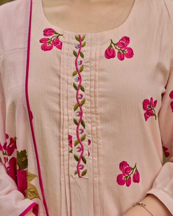 Blush Pink Bloom Handwork Mul Cotton Suit