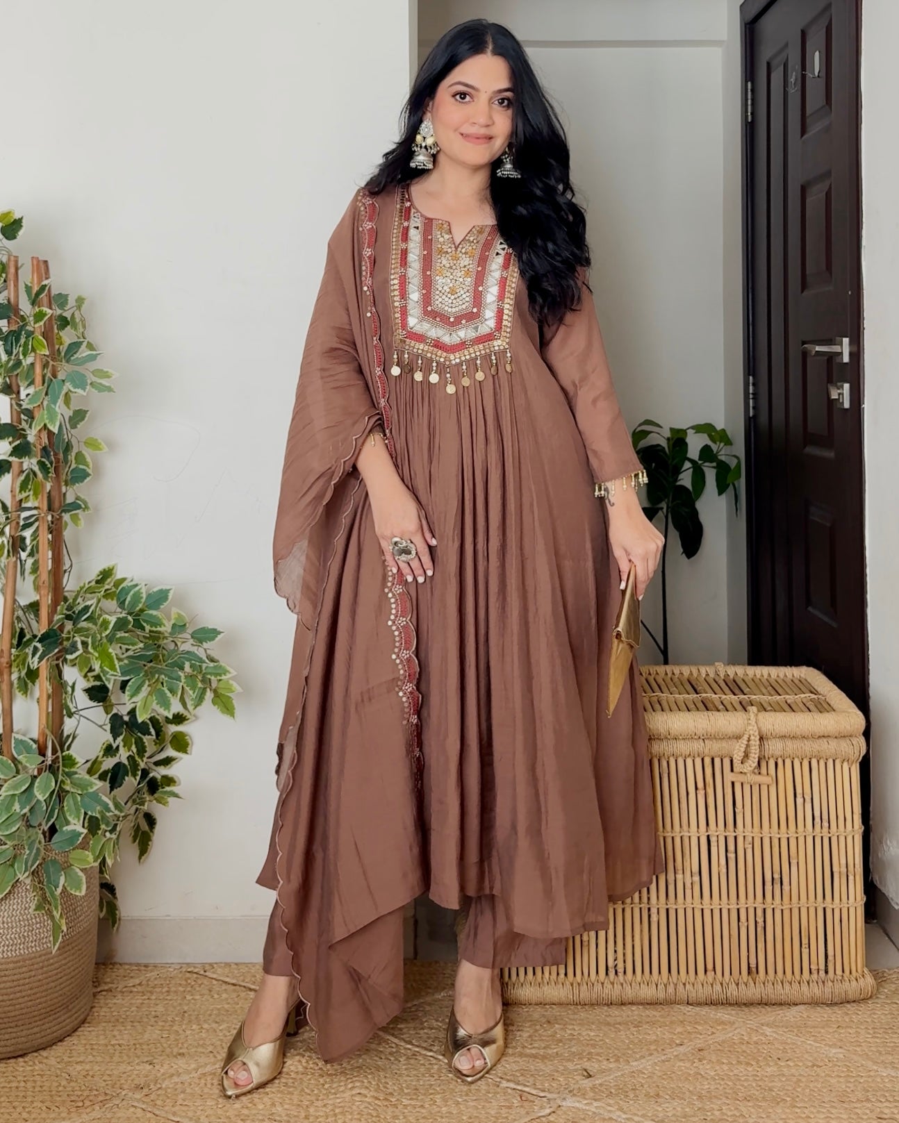 Mocha Maroon Mirrorwork Mul Chanderi A Line Suit