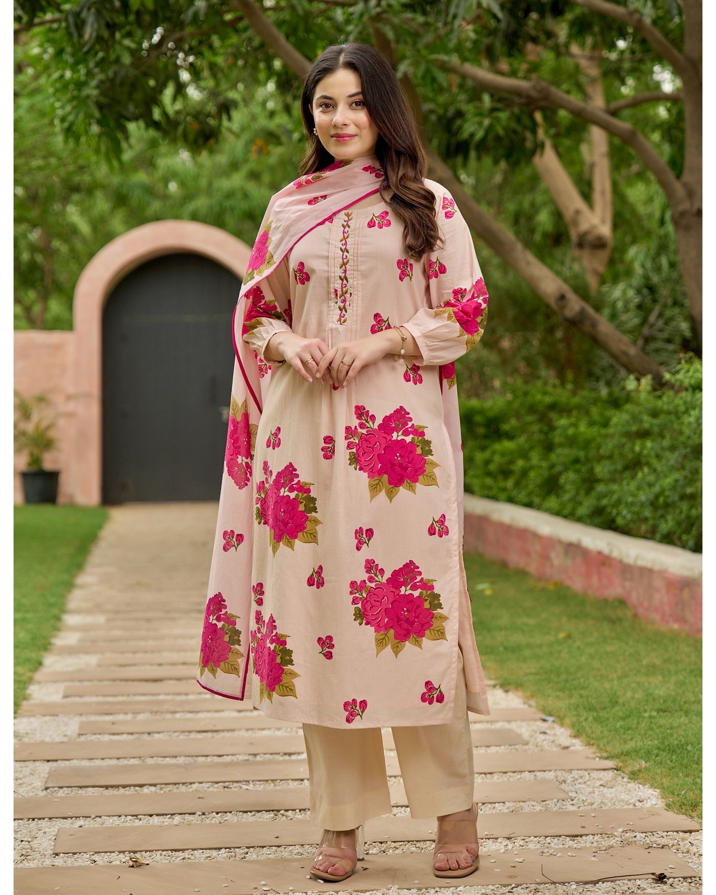 Blush Pink Bloom Handwork Mul Cotton Suit