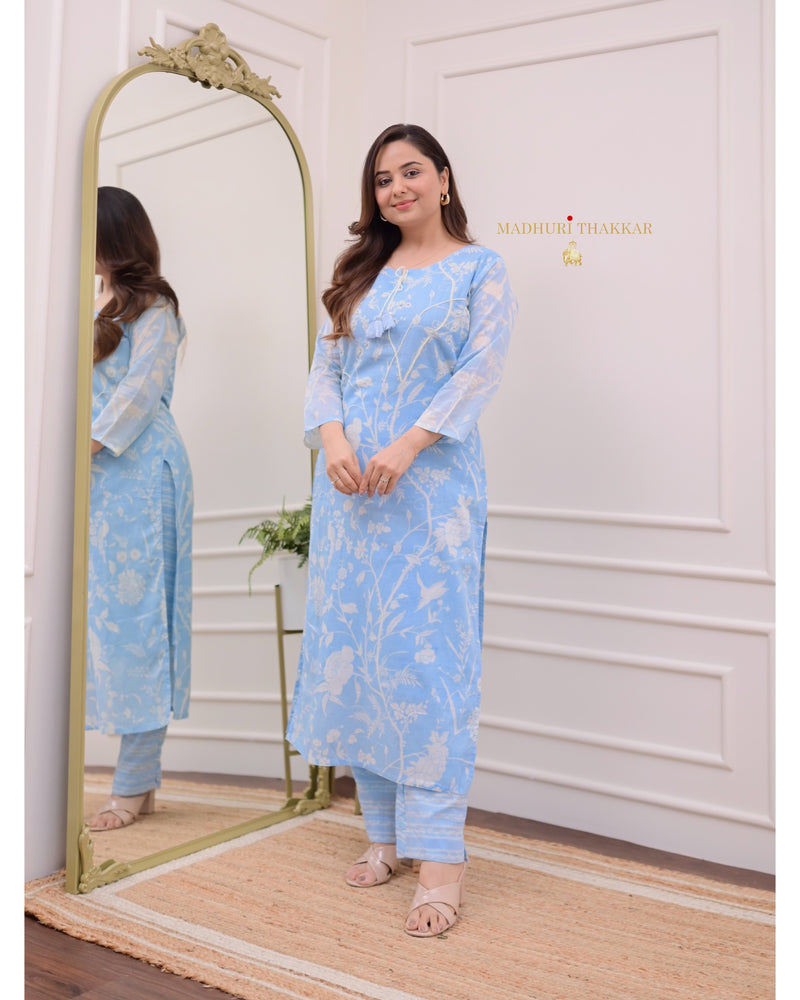 Powder Blue Pearlwork Mul Cotton Kurta Set