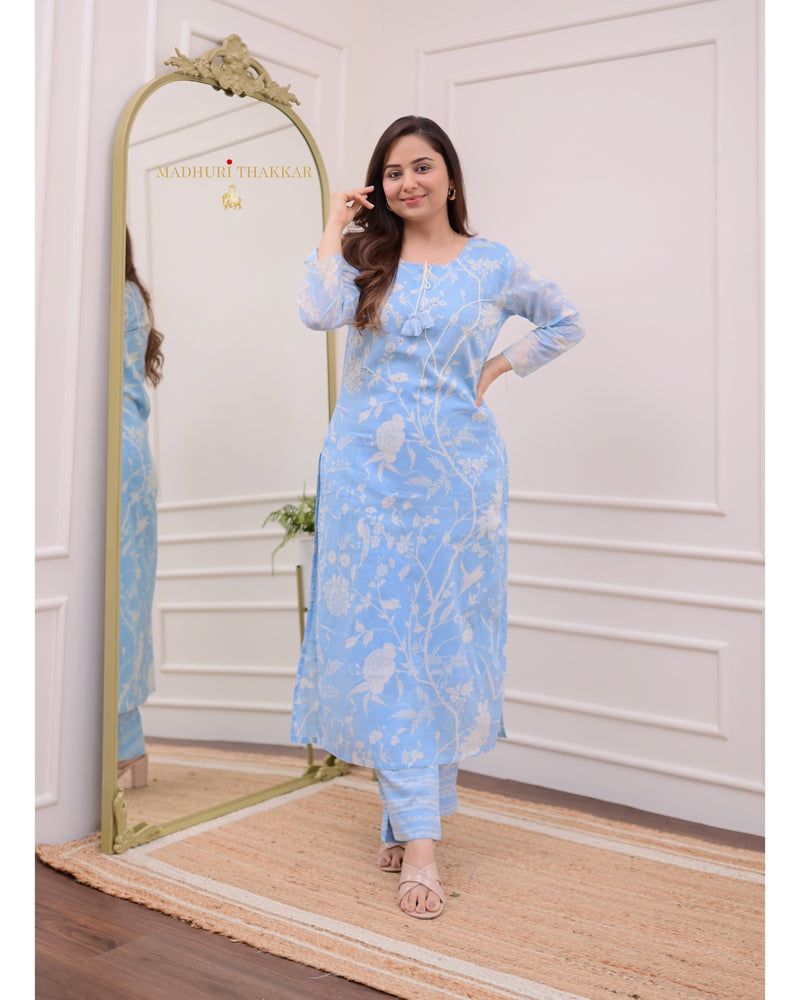 Powder Blue Pearlwork Mul Cotton Kurta Set