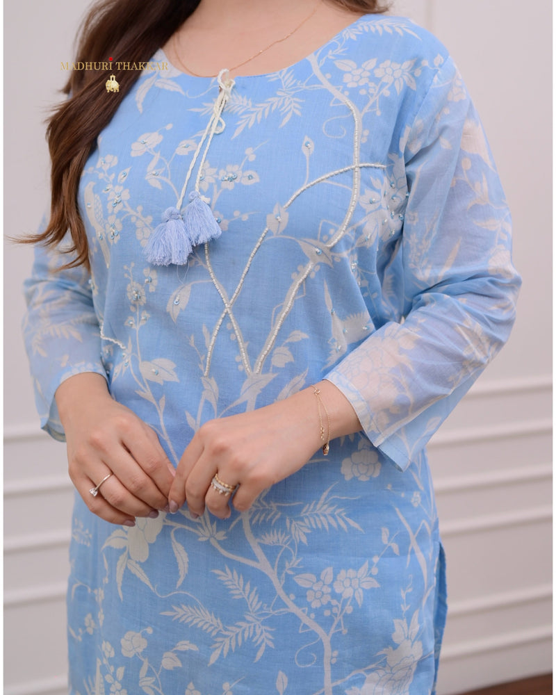 Powder Blue Pearlwork Mul Cotton Kurta Set