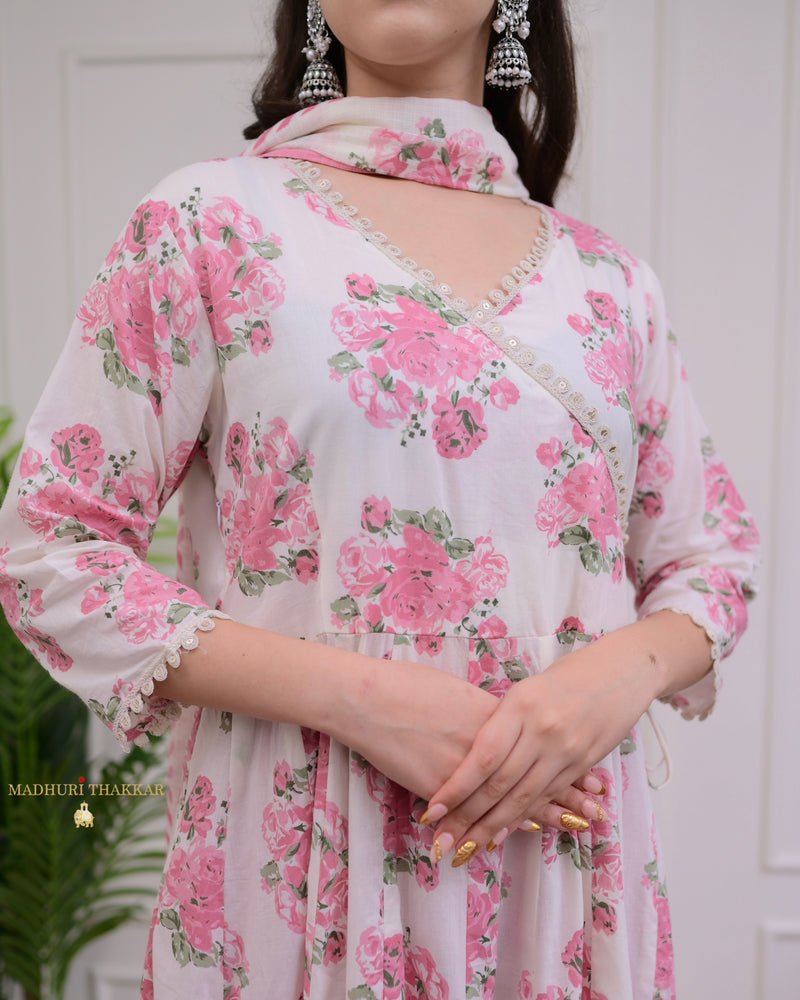 Ivory Pink Floral Mul Cotton Anarkali