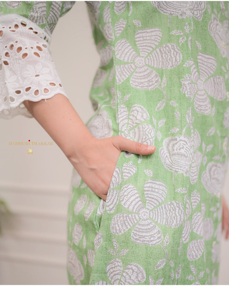 Green Floral A Line Cotton Kurta Set