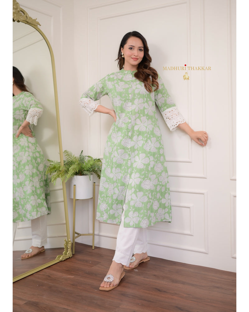 Green Floral A Line Cotton Kurta Set