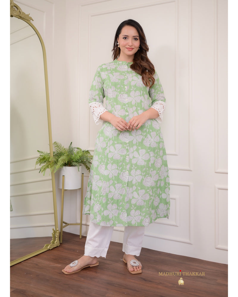 Green Floral A Line Cotton Kurta Set