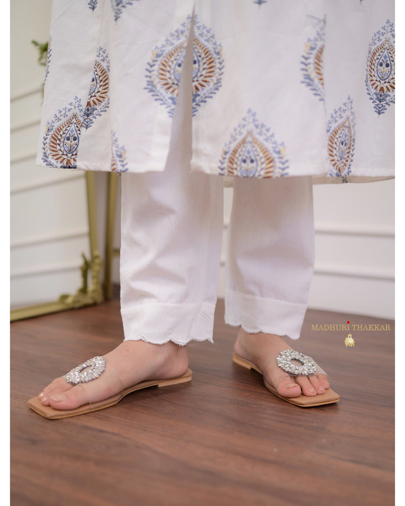 Ivory Blue A Line Cotton Kurta Set