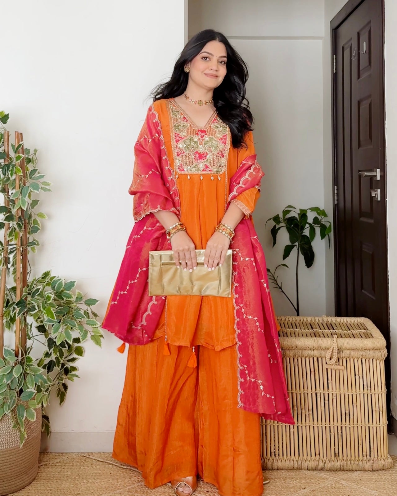 Coral Shimmer Crush Handwork Festive Suit