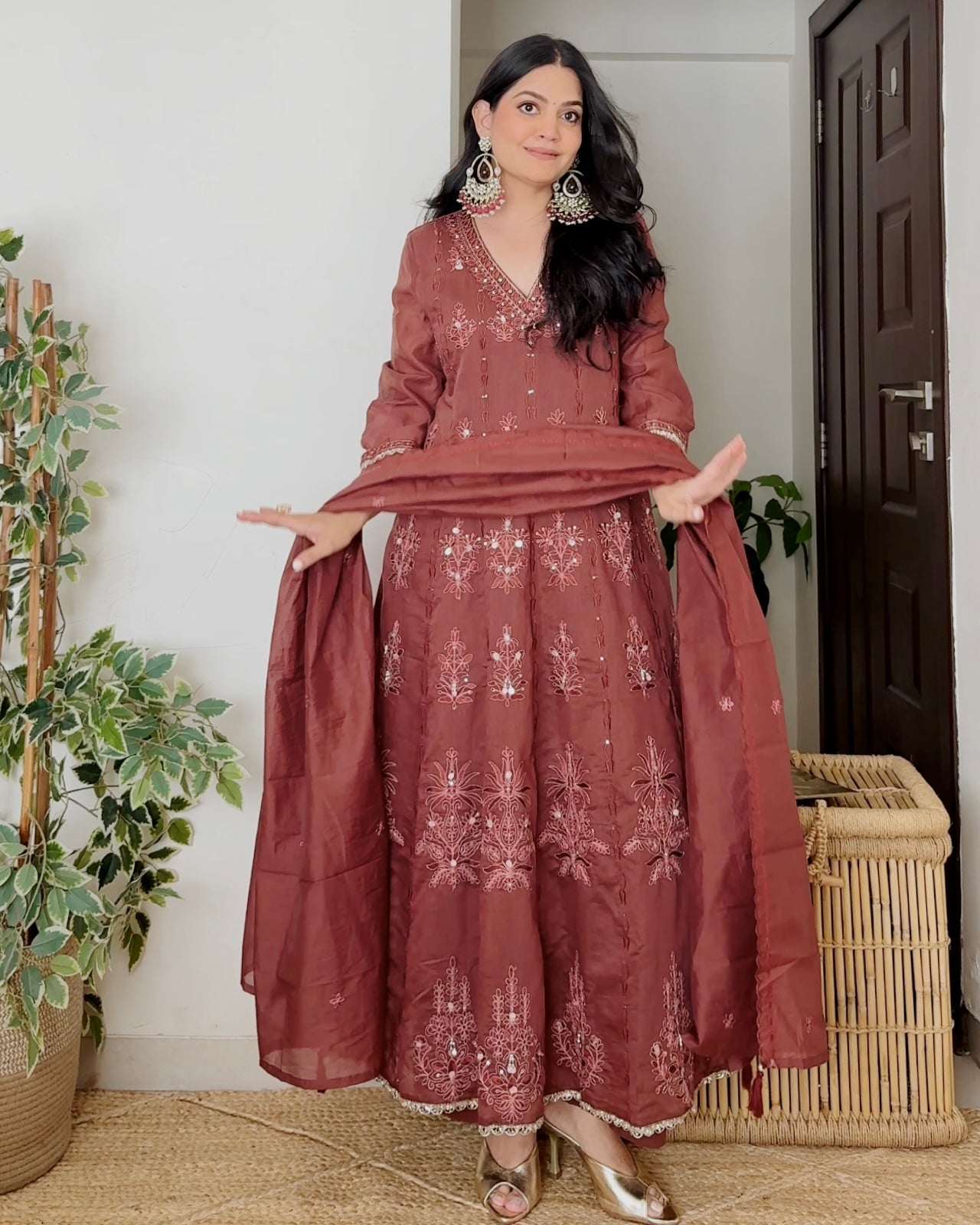 Dusty Rosewood Threadwork Mul Chanderi Anarkali Suit