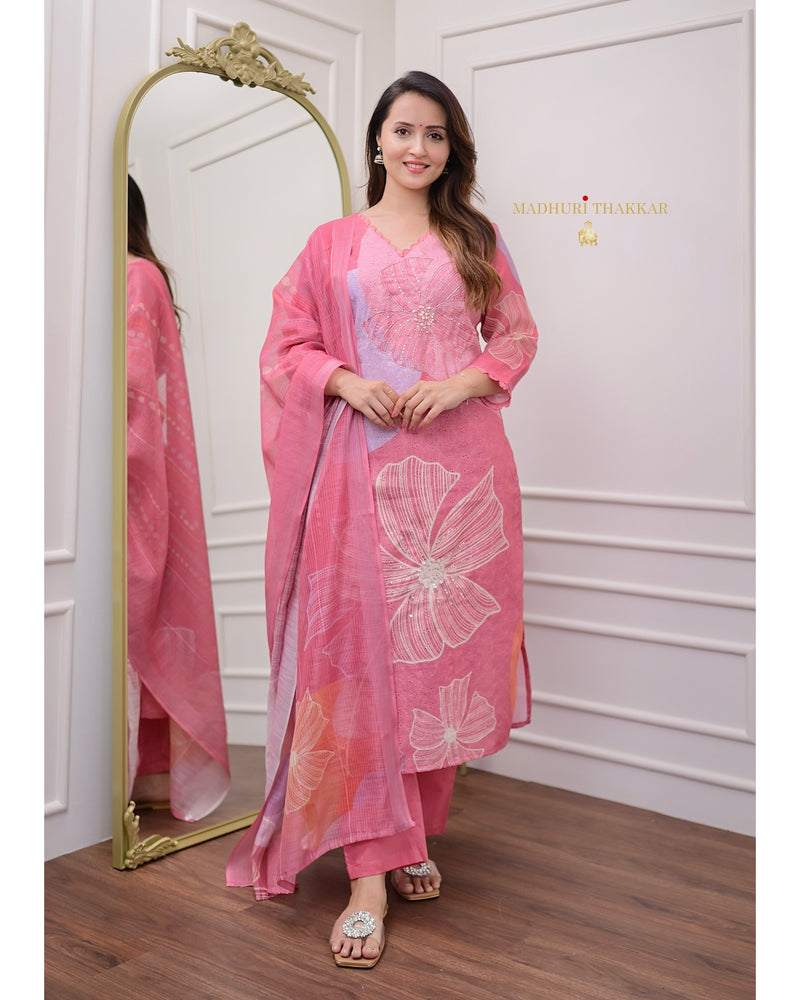 Rose Pink Schiffli Handwork Linen Suit