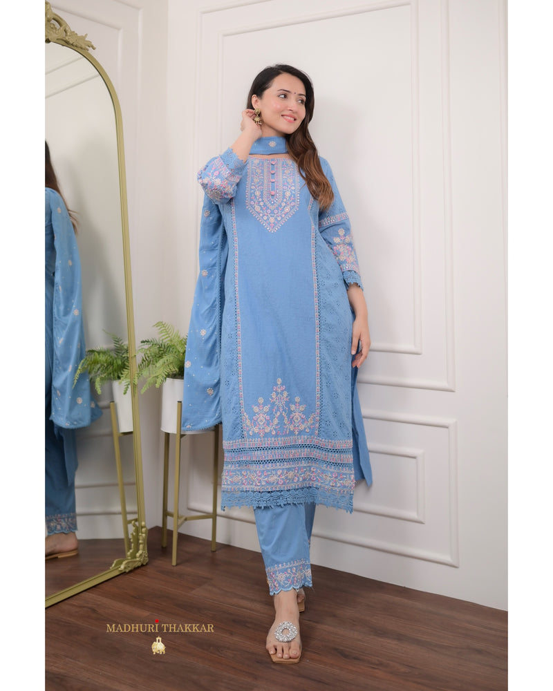 Blue Schiffli Cotton Embroidered Suit