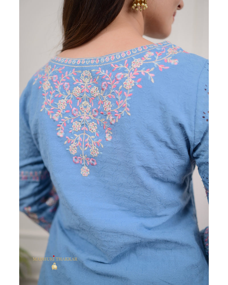 Blue Schiffli Cotton Embroidered Suit