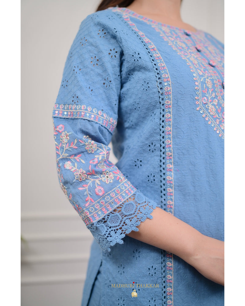 Blue Schiffli Cotton Embroidered Suit