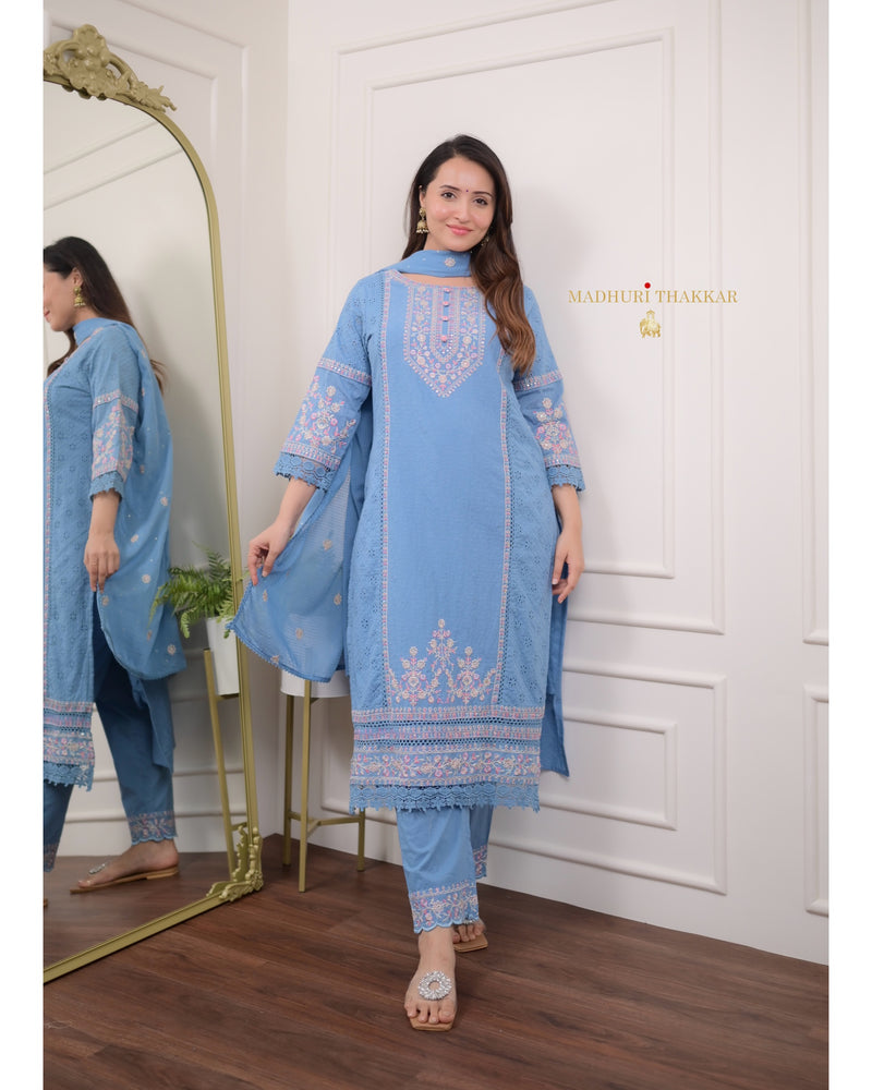 Blue Schiffli Cotton Embroidered Suit
