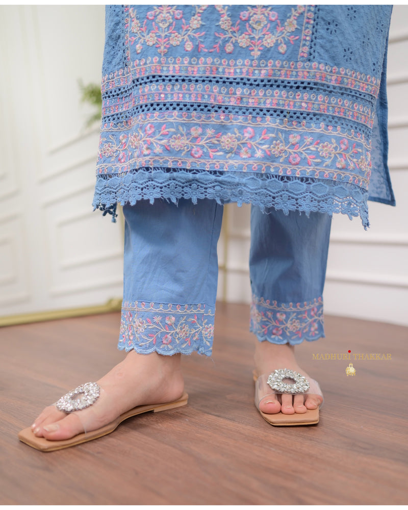 Blue Schiffli Cotton Embroidered Suit