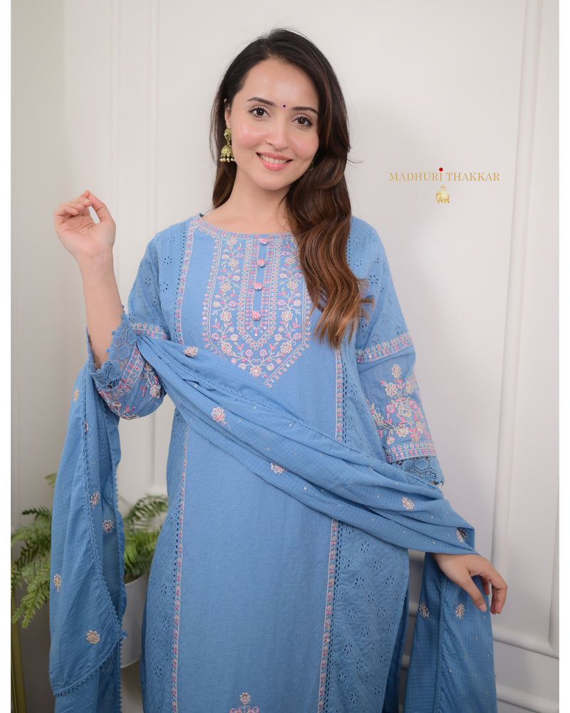Blue Schiffli Cotton Embroidered Suit