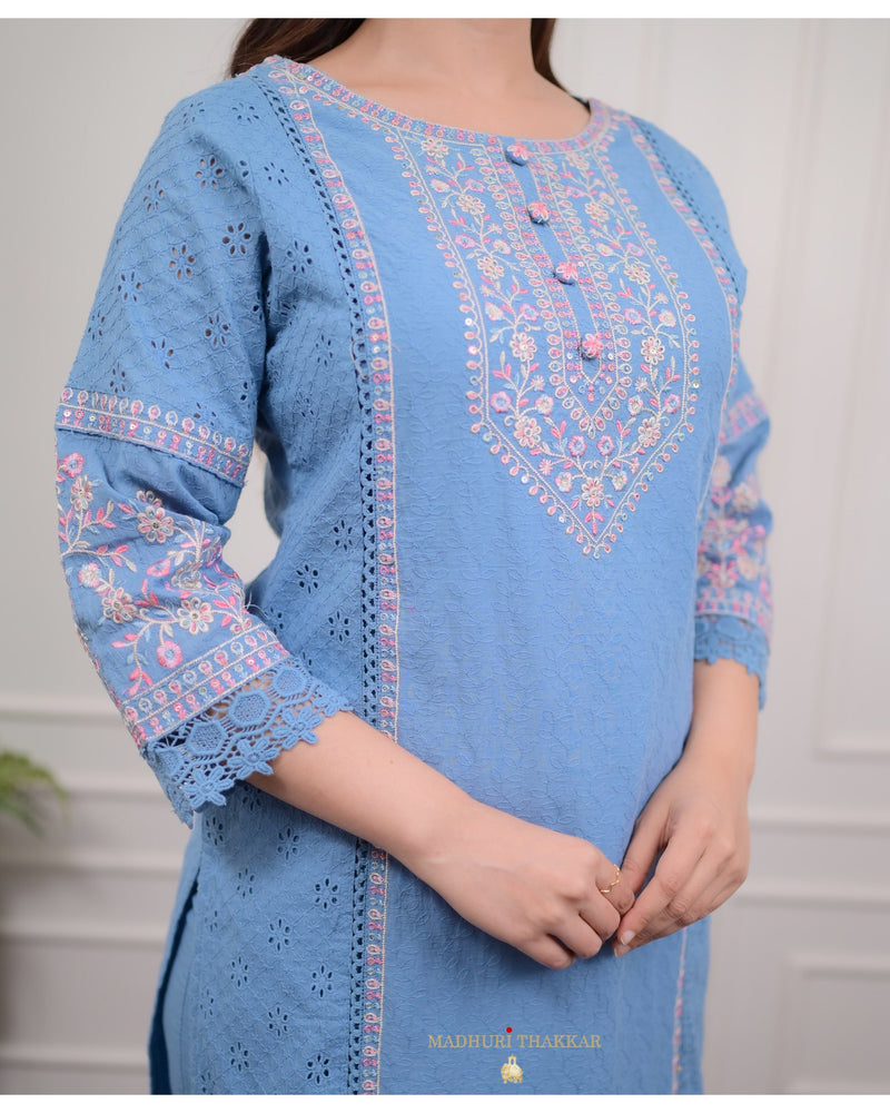 Blue Schiffli Cotton Embroidered Suit