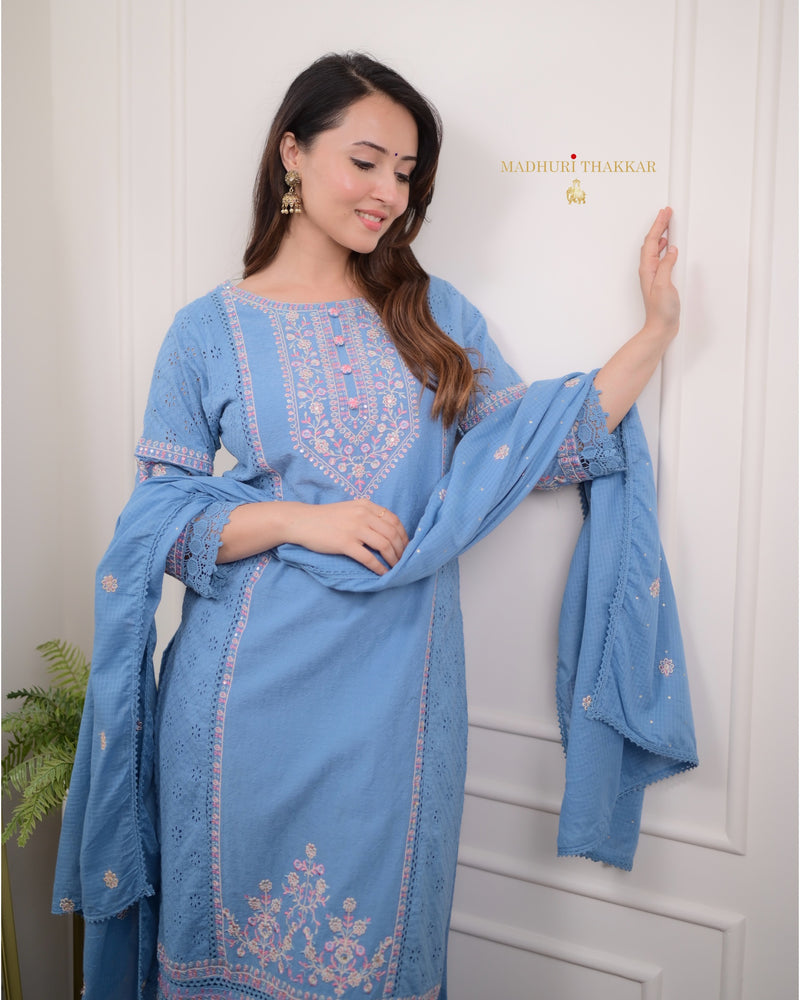 Blue Schiffli Cotton Embroidered Suit