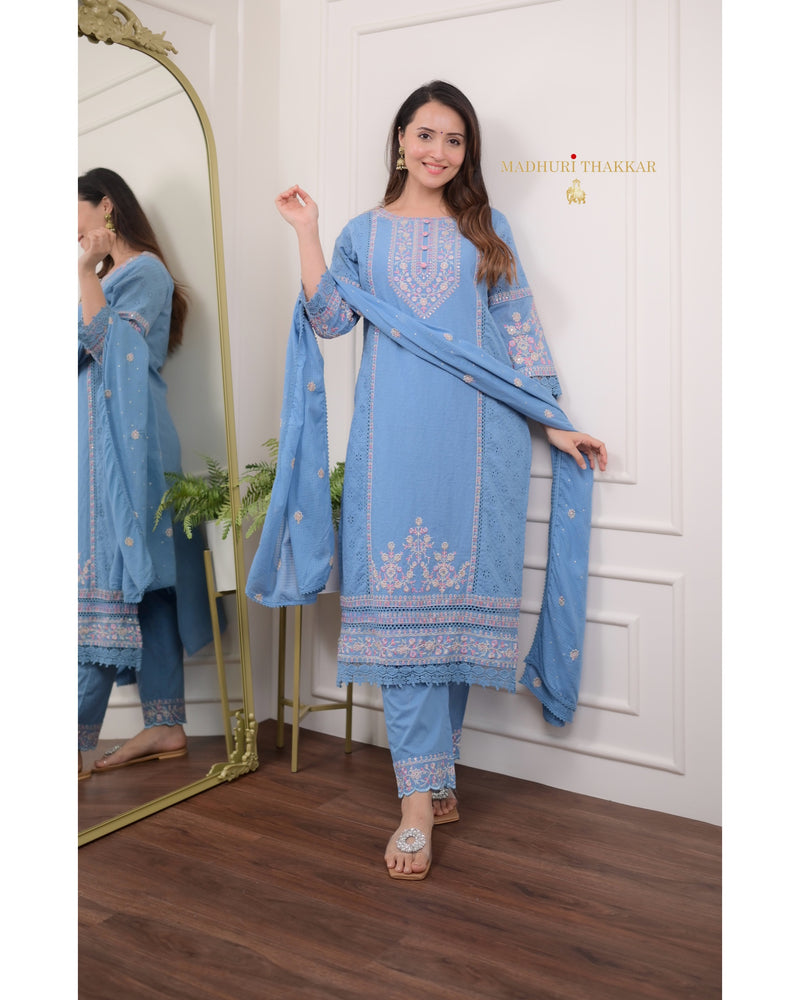 Blue Schiffli Cotton Embroidered Suit