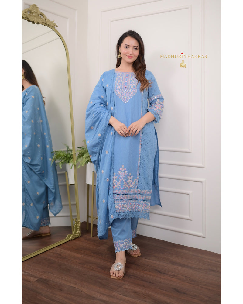 Blue Schiffli Cotton Embroidered Suit