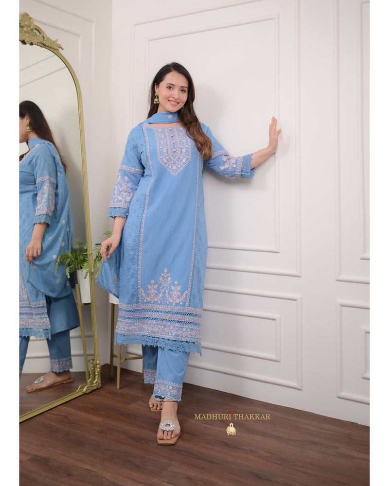 Blue Schiffli Cotton Embroidered Suit
