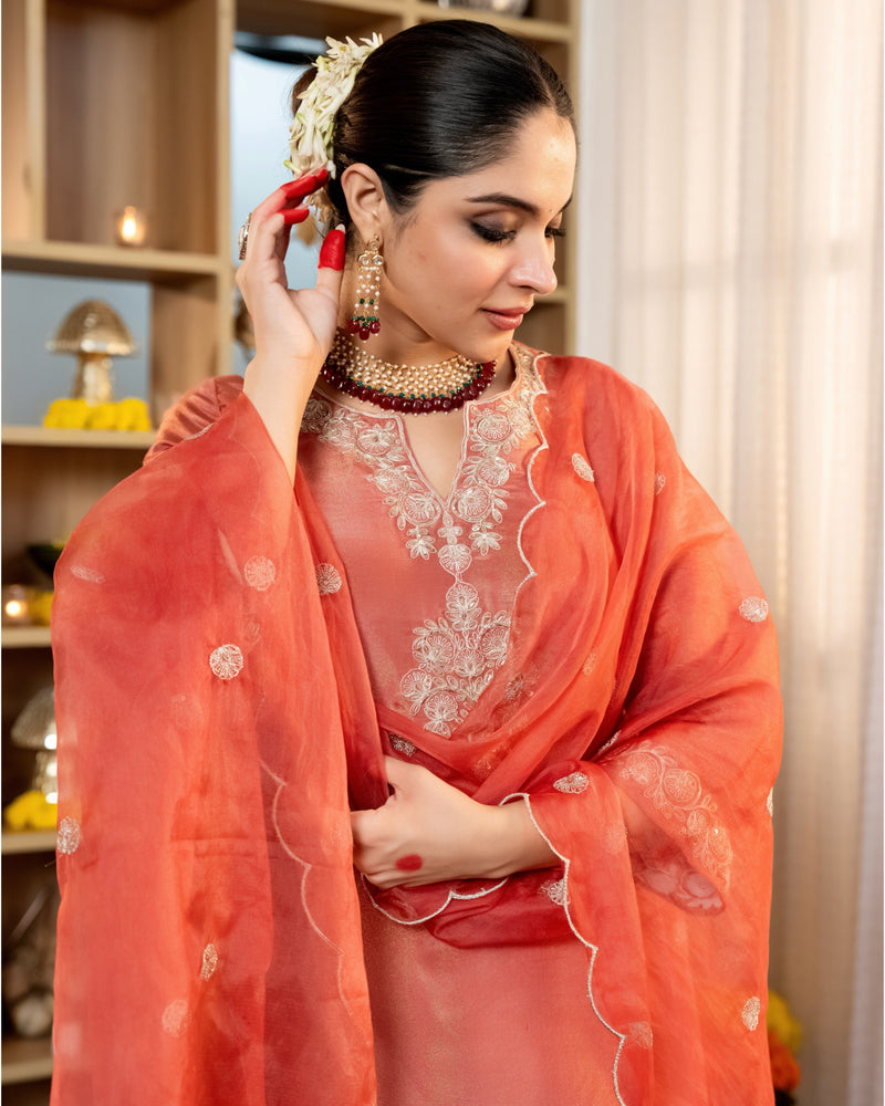 Sunset Peach Shimmer Tissue Handwork A Line Festive Suit