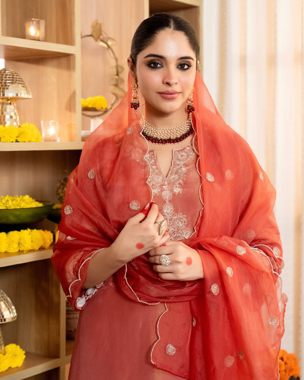Sunset Peach Shimmer Tissue Handwork A Line Festive Suit