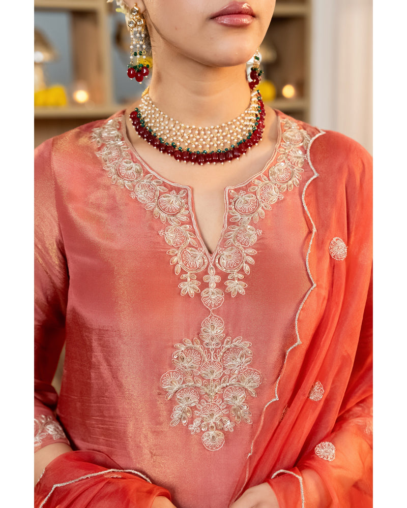 Sunset Peach Shimmer Tissue Handwork A Line Festive Suit