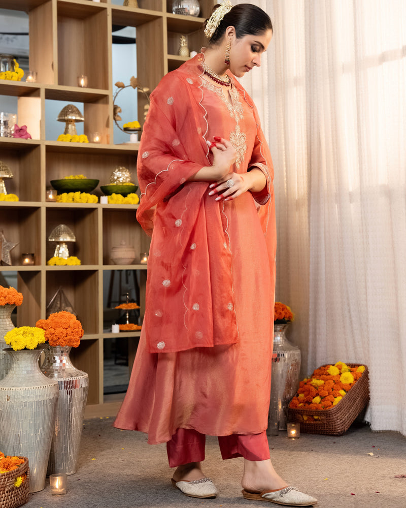 Sunset Peach Shimmer Tissue Handwork A Line Festive Suit