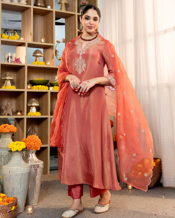 Sunset Peach Shimmer Tissue Handwork A Line Festive Suit