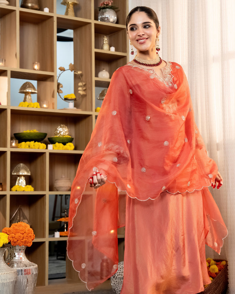 Sunset Peach Shimmer Tissue Handwork A Line Festive Suit