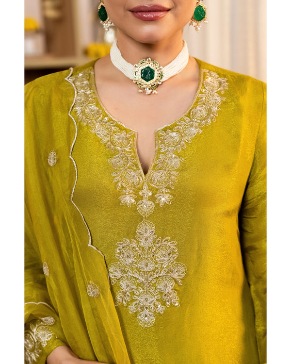 Greenish Yellow Shimmer Tissue Handwork A Line Festive Suit