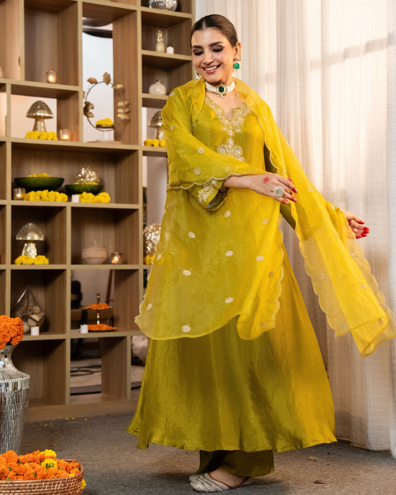 Greenish Yellow Shimmer Tissue Handwork A Line Festive Suit