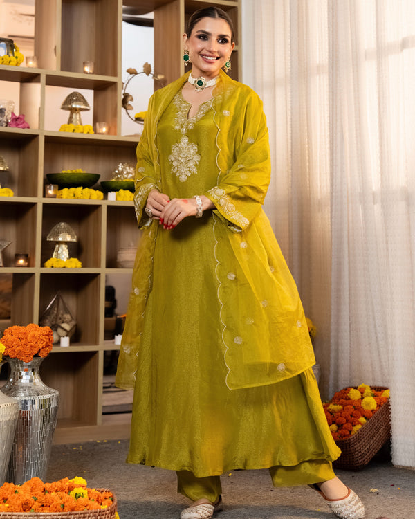 Greenish Yellow Shimmer Tissue Handwork A Line Festive Suit