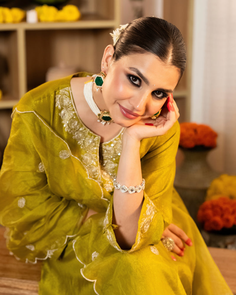 Greenish Yellow Shimmer Tissue Handwork A Line Festive Suit