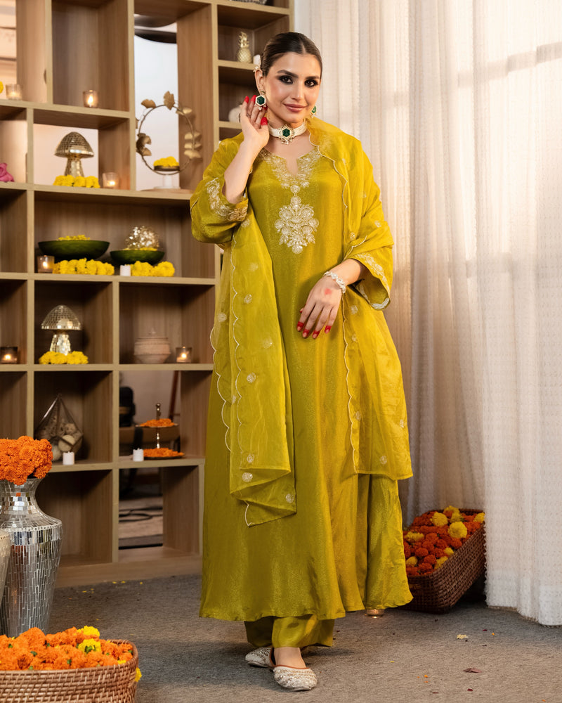 Greenish Yellow Shimmer Tissue Handwork A Line Festive Suit
