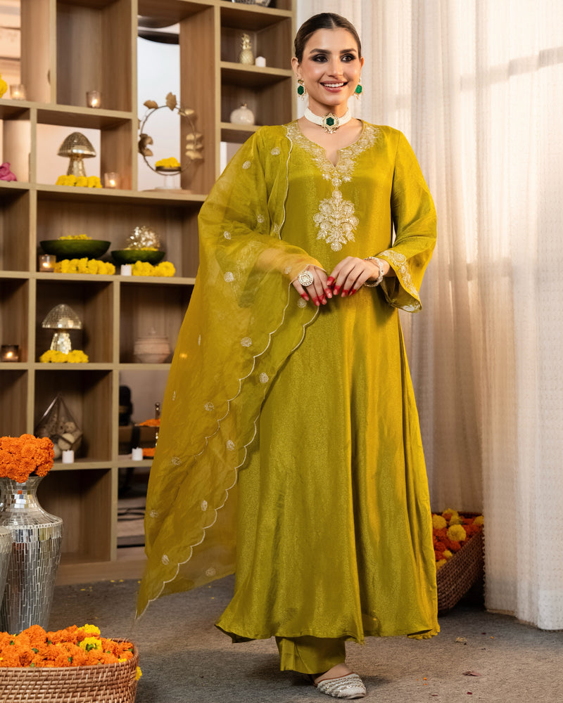 Greenish Yellow Shimmer Tissue Handwork A Line Festive Suit