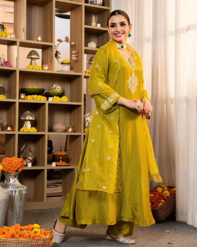 Greenish Yellow Shimmer Tissue Handwork A Line Festive Suit