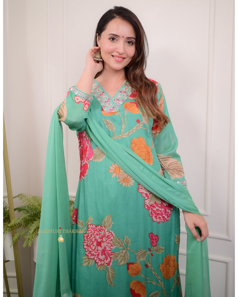 Green Embroidered Chinnon Suit