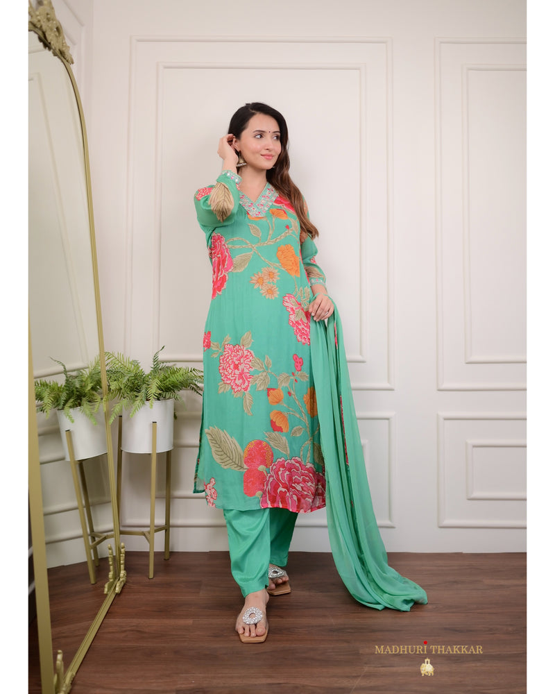 Green Embroidered Chinnon Suit