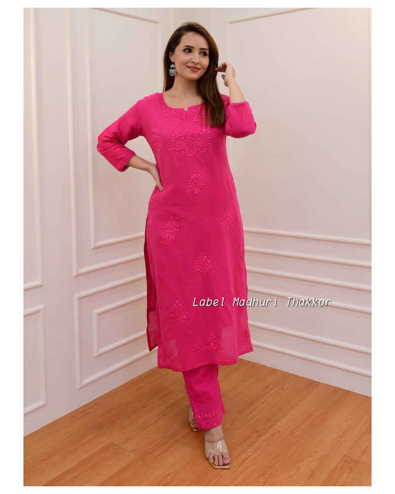 Buy Abbaran Jashan Hand Embroidery Rani Pink Cotton Silk Kurta (Set of 3)  online