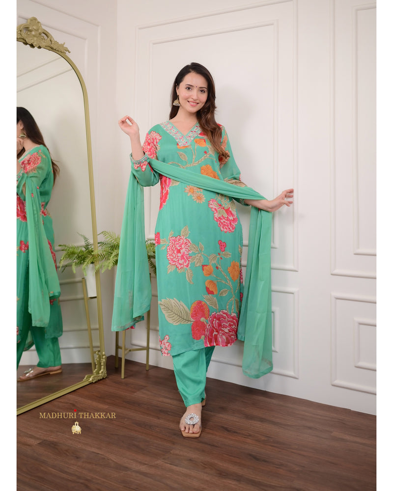Green Embroidered Chinnon Suit